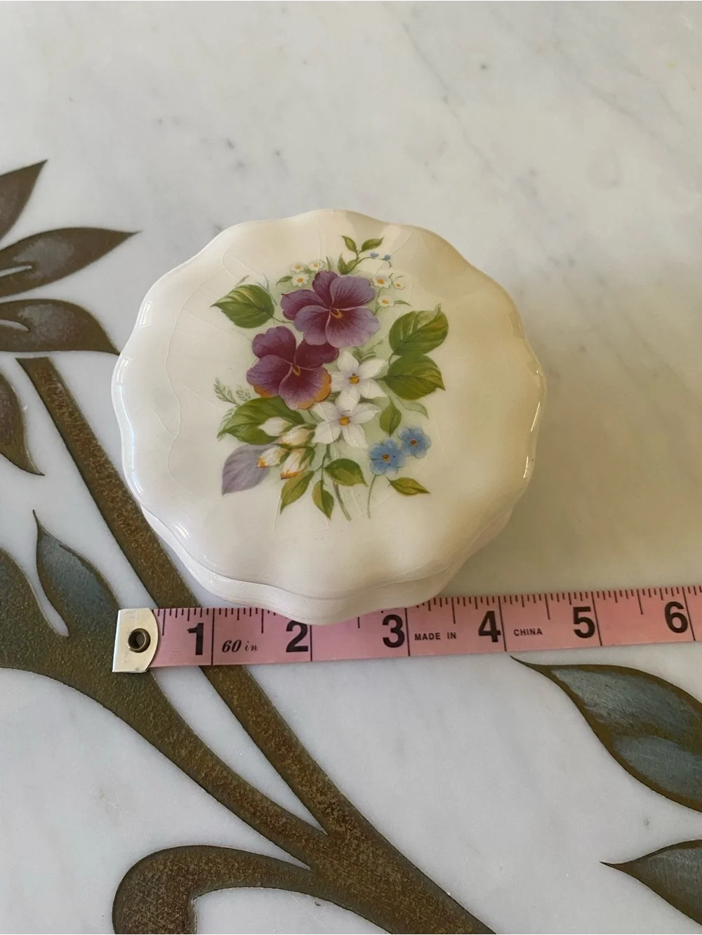 Vintage Floral Porcelain Jewelry/Trinket Box in Ivory with Hand-Painted Flowers